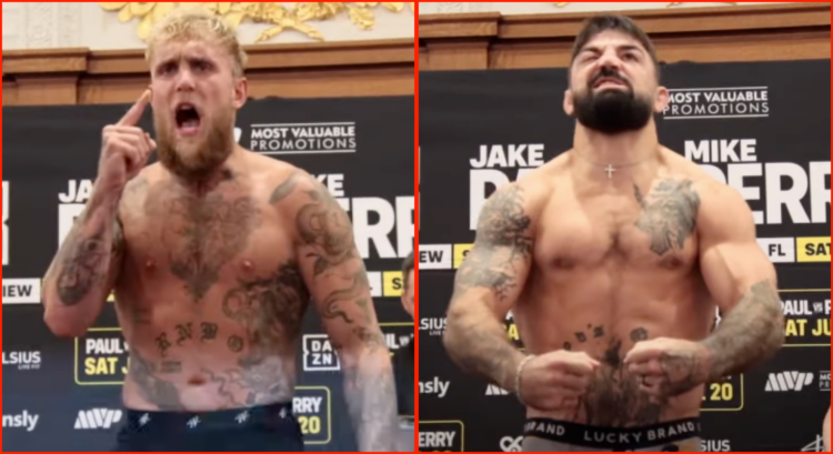 Composite image showing Jake Paul and Mike Perry weigh-in