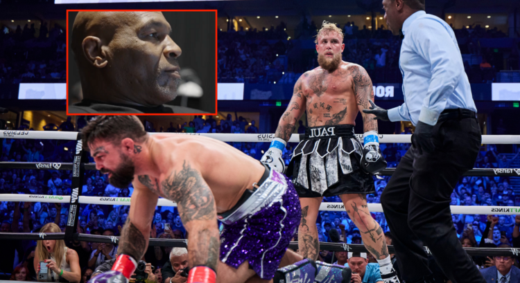 Photo of Jake Paul after knocking out Mike Perry, with a block showing Mike Tyson watching on TV