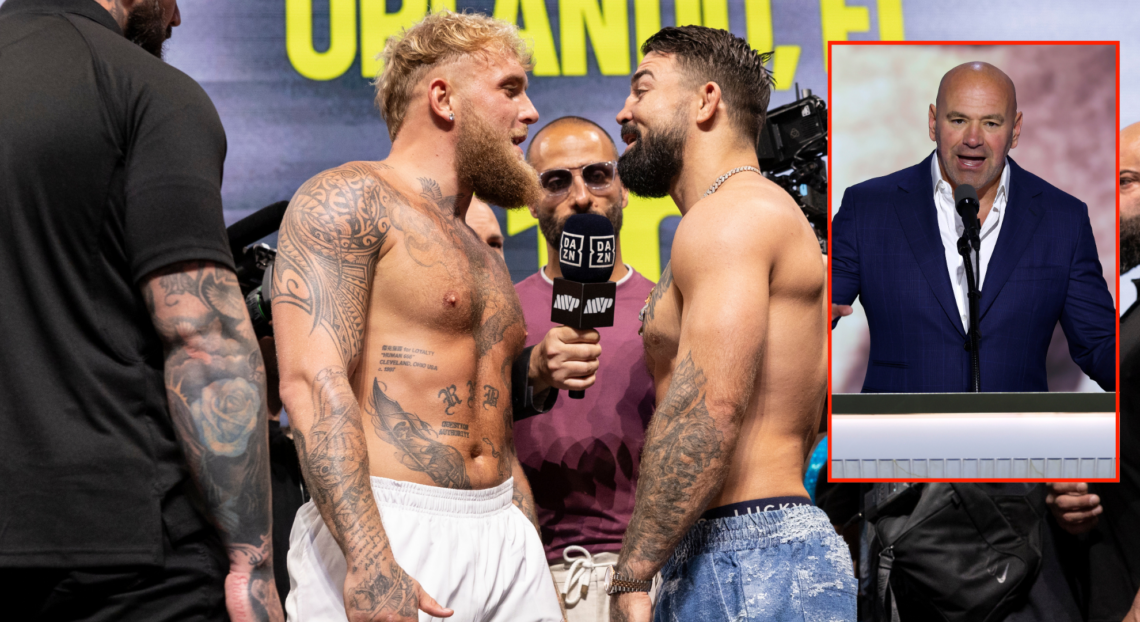 Jake Paul facing off with Mike Perry, with a box showing Dana White