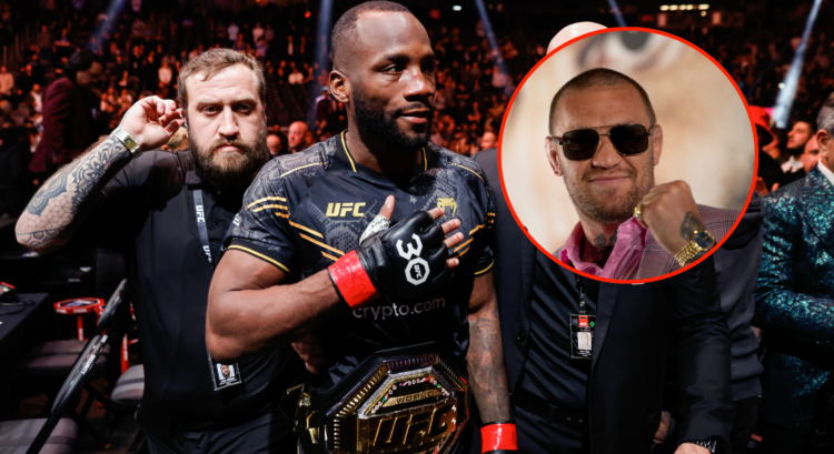 Leon Edwards following his UFC 296 win over Colby Covington with a pop out image of Conor McGregor at BKFC Spain press conference