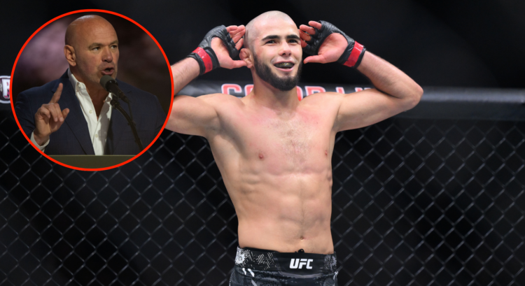 Main photo shows Muhammad Mokaev, with a bubble to the left that depicts Dana White