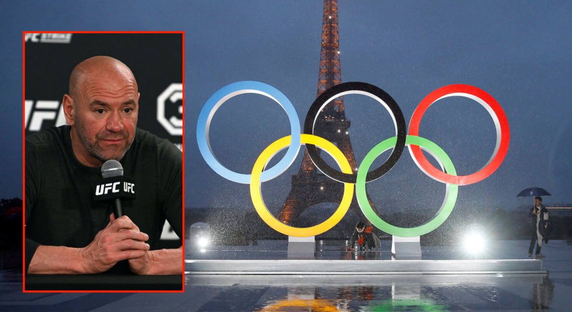 Side by side of Dana White at UFC Fight Night: Dariush vs Tsarukyan and the Olympic rings in Paris, France