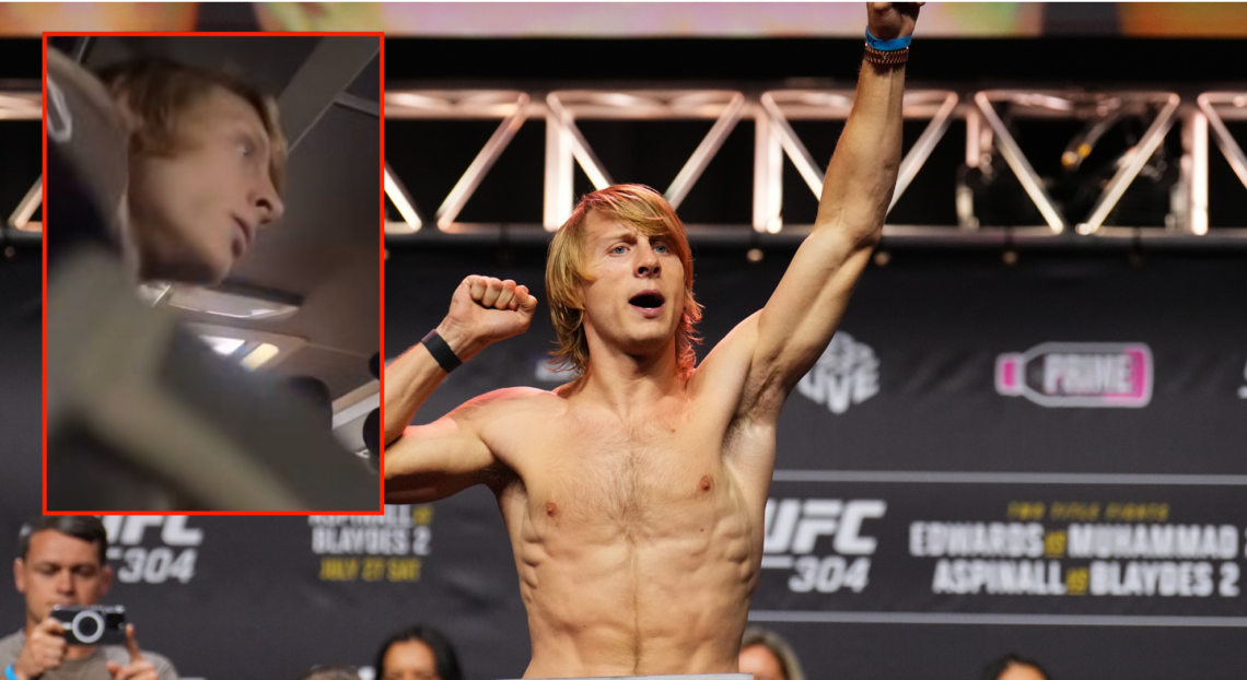 Main photo shows Paddy Pimblett at UFC 304 ceremonial weigh-ins. Block to the left shows Paddy Pimblett during an argument on a bus