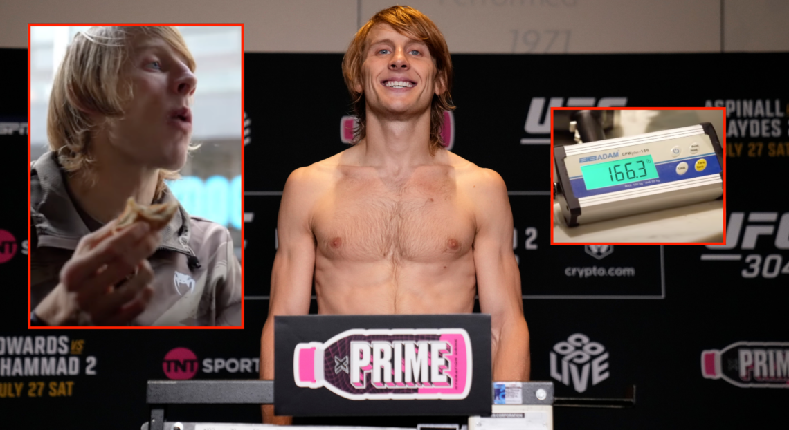 Main photo shows Paddy Pimblett weighing in for UFC 304. Left block photo shows Paddy Pimblett eating, right block photo shows a scale showing 166.3lb