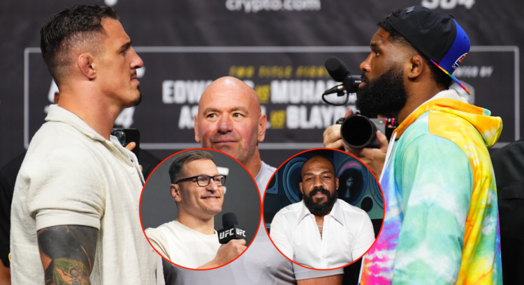 Tom Aspinall and Curtis Blaydes face off at the UFC 304 press conference with pop out images of Stipe Miocic and Jon Jones