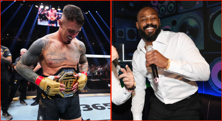 Composite image showing Tom Aspinall with his UFC belt and Jon Jones speaking into a microphone