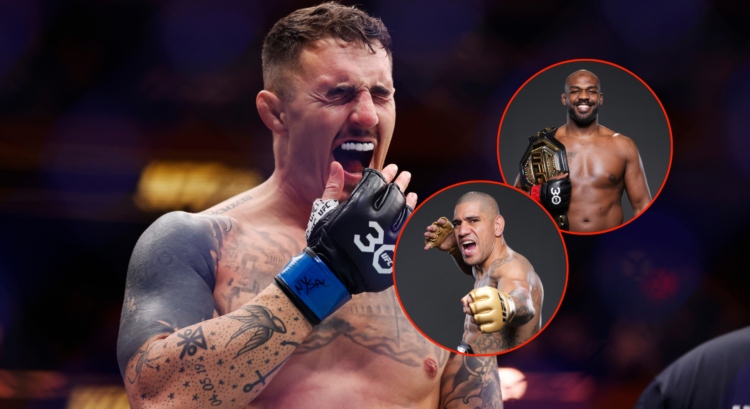 Tom Aspinall celebrating his UFC 295 win against Sergei Pavlovich with pop out images of Jon Jones and Alex Pereira