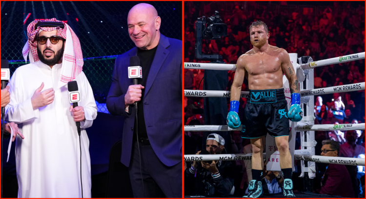 Composite image showing left; Turki Alalshikh with Dana White and right; Canelo Alvarez