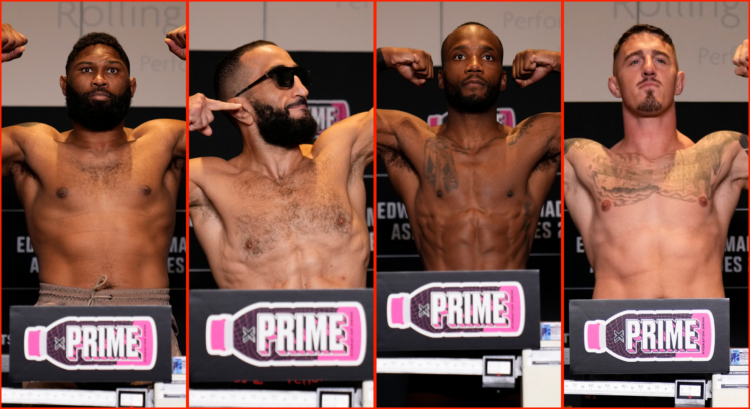 Composite image showing (l-r) Curtis Blayes, Belal Muhammad, Leon Edwards and Tom Aspinall weighing in for UFC 304