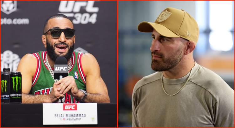 Side by side of Belal Muhammad at the UFC 304 press conference and Alex Volkanovski during UFC 305 Media announcement