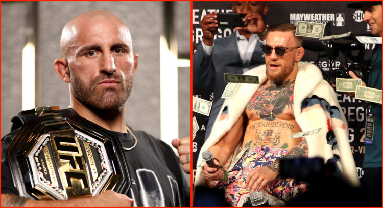 Side by side of Alexander Volkanovski with the FW belt and Conor McGregor at the Floyd Mayweather boxing press conference