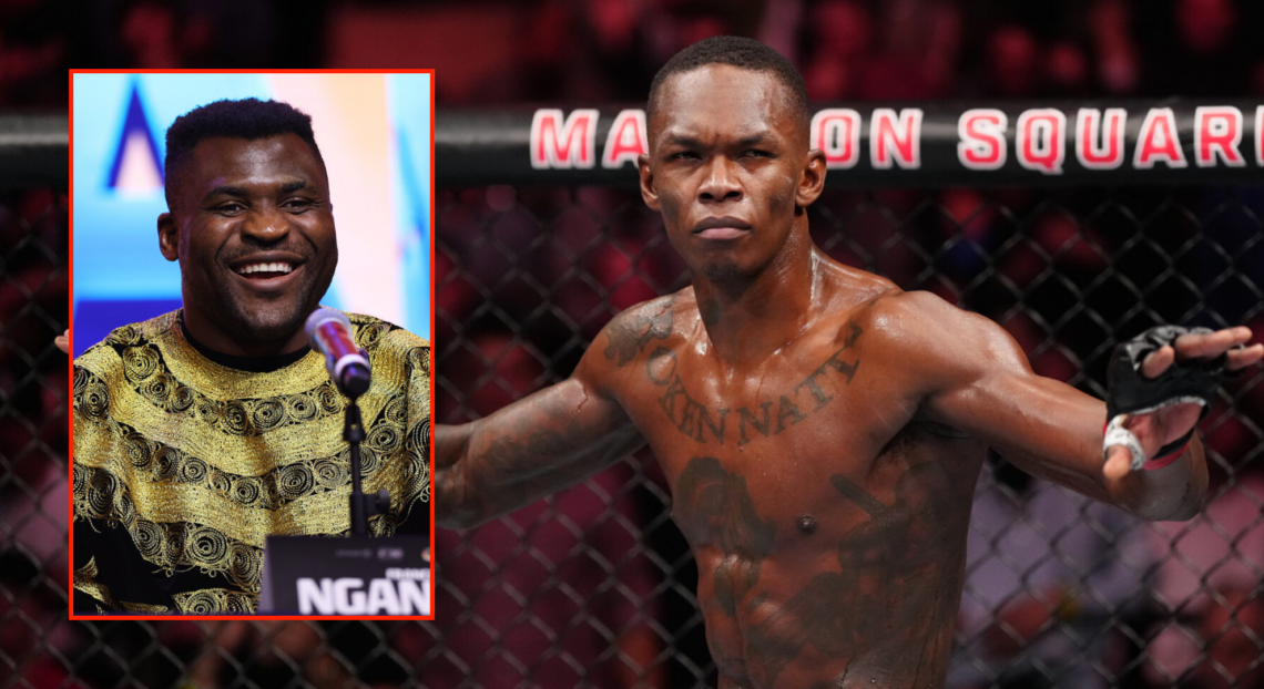 Side by side of Adesanya at UFC 281 and Francis Ngannou at the Anthony Joshua press conference
