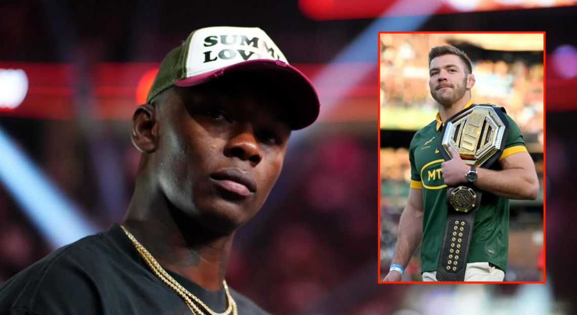 Side by side of Dricus Du Plessis at a Rugby Union game and Israel Adesanya at UFC 300