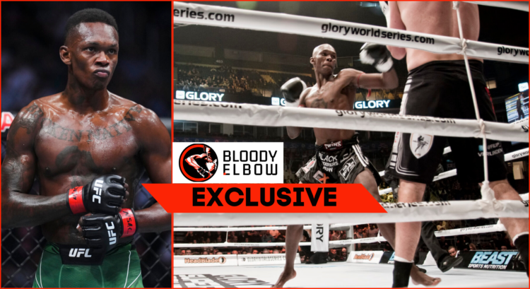 Side by side of Israel Adesanya vs Filip Verlinden in the Glory Superfight Series, and Adesanya at UFC 276