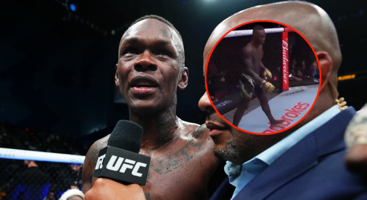 Israel Adesanya points to the ground moments before being submitted by Dricus Du Plessis at UFC 305