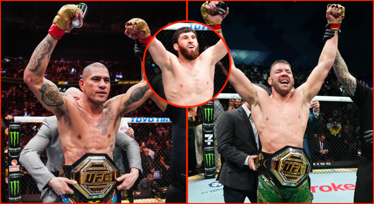 Composite image showing Alex Pereira (left) and Dricus Du Plessis (right) with a bubble featuring Magomed Ankalaev