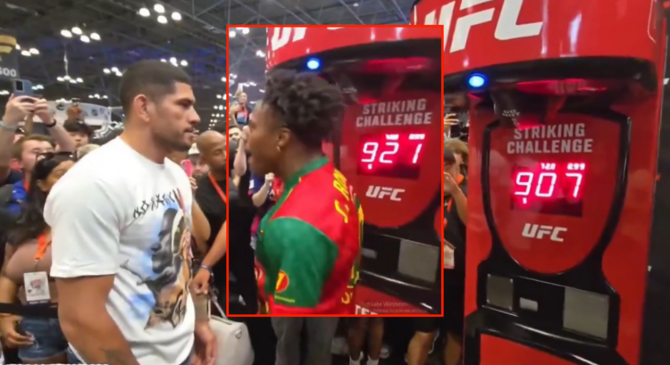 Composite image showing Alex Pereira (main) and iShowSpeed (block) after hitting a punch machine