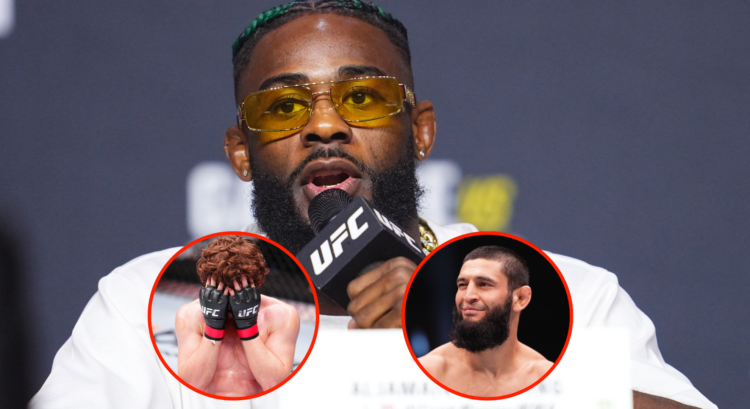 Aljamain Sterling speaking at the UFC 300 press conference with pop out images of Shara Magomedov and Khamzat Chimaev