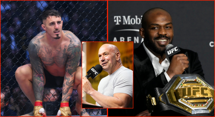 Split image of Tom Aspinall at UFC 304, Dana White at UFC 304 press conference and Jon Jones at UFC 285 post show