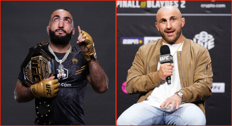 Side by side of Alex Volkanovski and Belal Muhammad at UFC 304 in Manchester