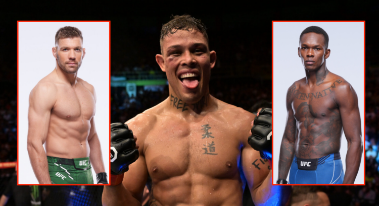 Pop out of Caio Borralho after beating Abus Magomedov in 2023, and UFC portraits of Israel Adesanya and Dricus Du Plessis
