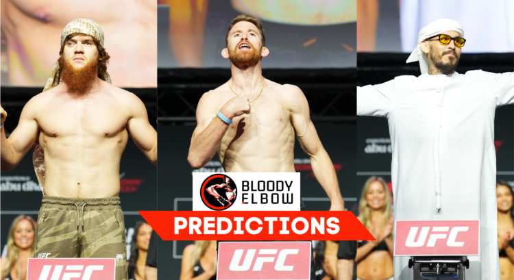 Cory Sandhagen, Marlon Vera and Shara Magomedov at the UFC Abu Dhabi ceremonial weigh-ins
