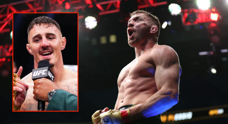 Side by side of Tom Aspinall at UFC 304 and Dricus Du Plessis at UFC 305