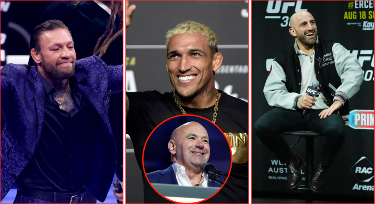 Conor McGregor (left), Charles Oliveira (middle) Alexander Volkanovski (right) Dana White (bottom)