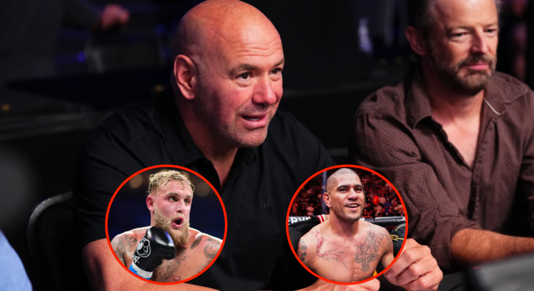 Dana White reacts to a knockout at DWCS with pop out images of Jake Paul and Alex Pereira