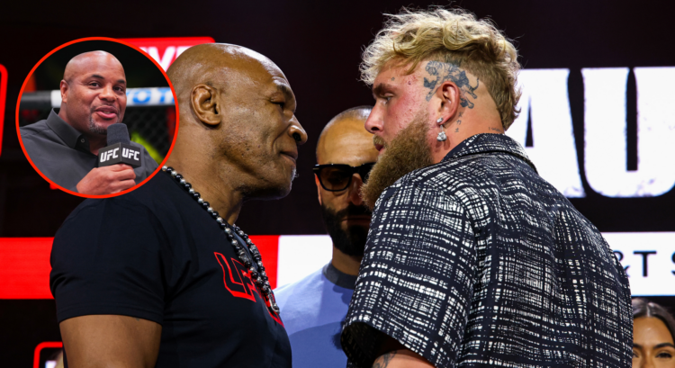 Main image shows Jake Paul and Mike Tyson facing off. Bubble shows Daniel Cormier