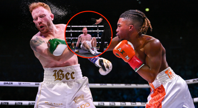 Main photo shows Dave Fogarty being punched by Deen The Great. Bubble shows the Fogarty on the ground as the fight is stopped