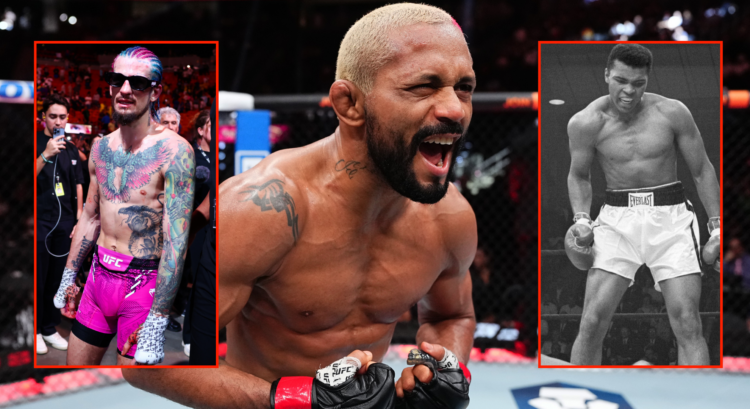 Deiveson Figueiredo celebrates his UFC 300 win with pop out images of Sean O'Malley and Muhammad Ali