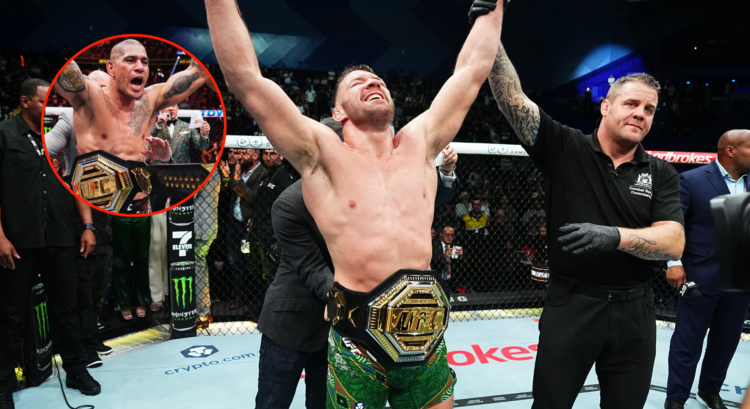 Dricus Du Plessis (main photo) with his UFC belt, alongside a bubble showing Alex Pereira