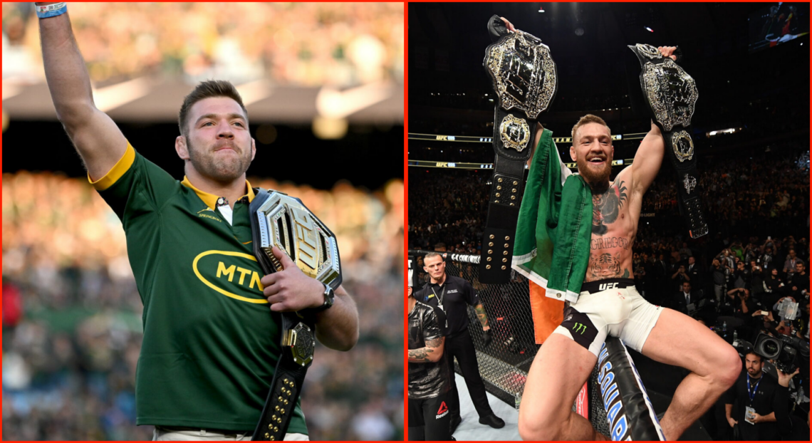 Split image of Du Plessis at a Rugby Union game and Conor McGregor with his two UFC belts