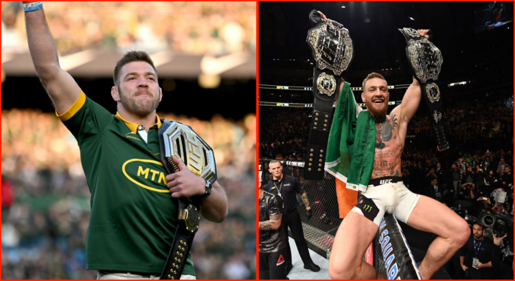 Split image of Du Plessis at a Rugby Union game and Conor McGregor with his two UFC belts