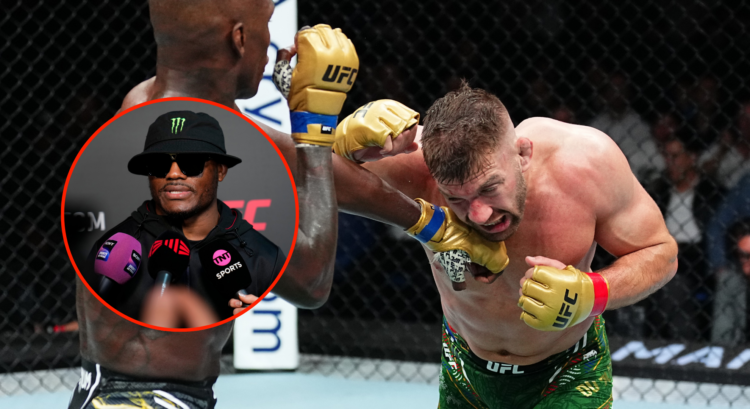 Dricus Du Plessis and Israel Adesanya trade blows at UFC 305 with a pop out image of Kamaru Usman