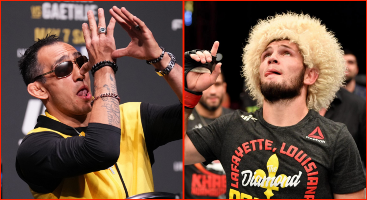 Split image of Tony Ferguson at UFC 274 and Khabib Nurmagomedov at UFC 242