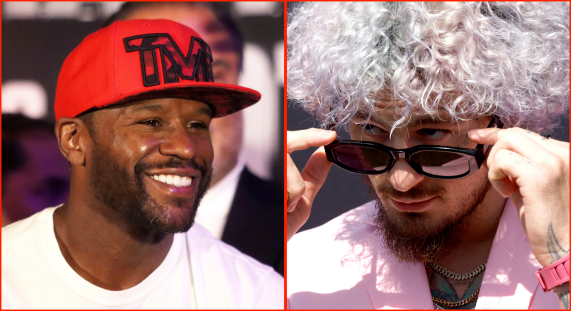 Floyd Mayweather smiles at the press conference before his fight against John Gotti III (left) and Sean O'Malley at the roast of Tom Brady (right)
