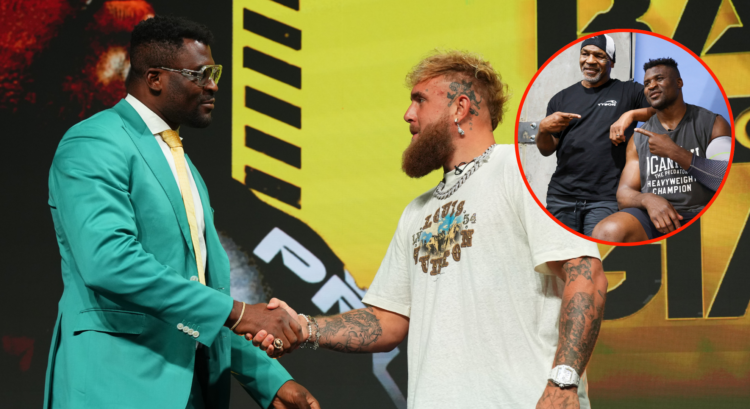 Main photo shows Francis Nganou shaking hands with Jake Paul, bubble shows Francis Nganou with Mike Tyson