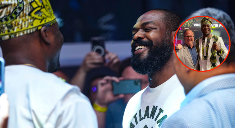 Main photo shows Francis Ngannou and Jon Jones facing off. Bubble shows Donn Davis and Francis Ngannou