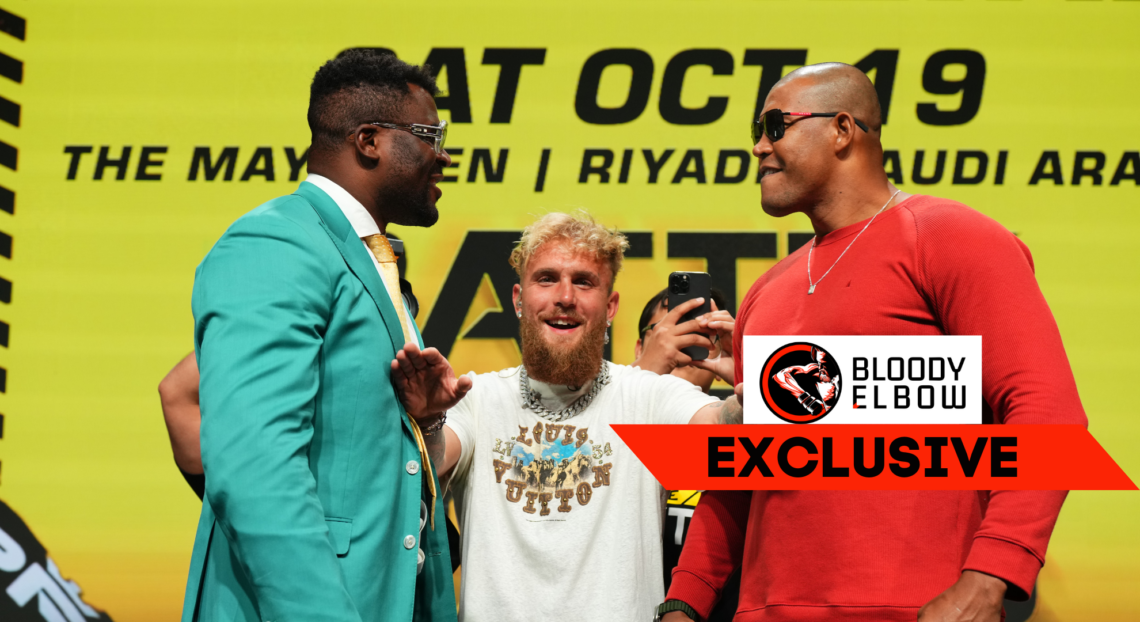 Francis Ngannou and Renan Ferreira face off with Jake Paul between them