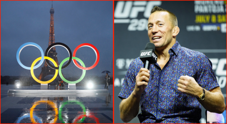 Side by side of Georges St-Pierre at UFC 290 and the Paris Olympic Games