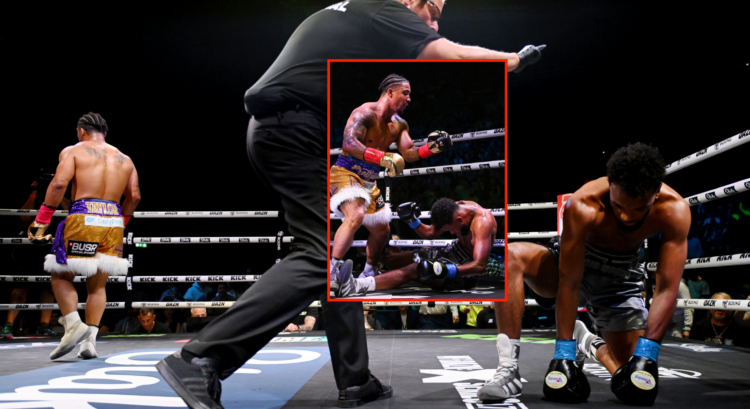 Main photo shows Gabriel Silva dropped by Anthony Taylor. Block shows Taylor standing over Silva