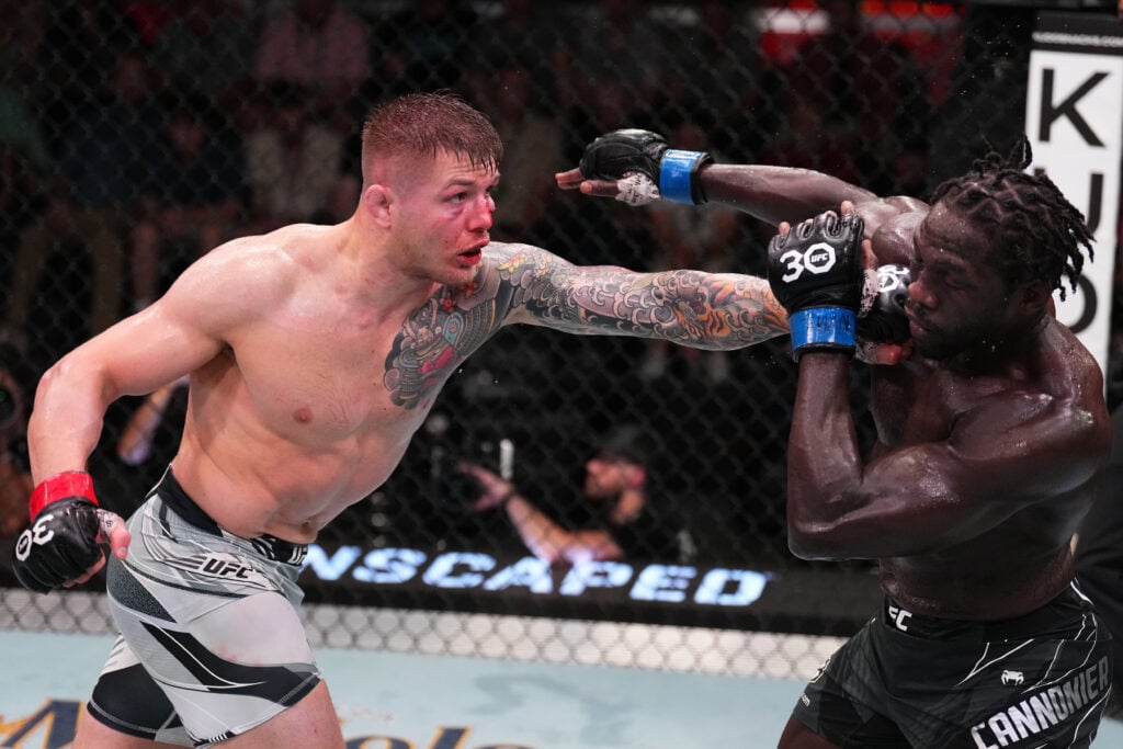 Marvin Vettorihits a huge jab on Jared Cannonier in their UFC Fight Night bout.