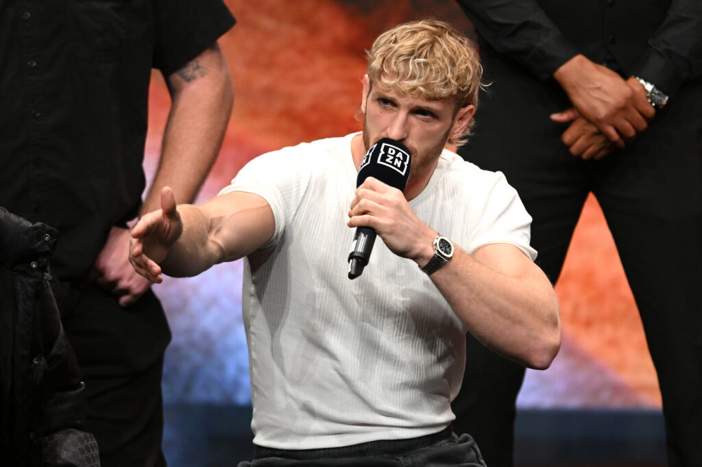 Logan Paul speaking at the press conference for his fight with Dillon Danis