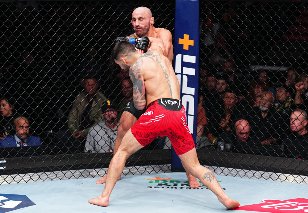 Ilia Topuria knocks out Alexander Volkanovski during the UFC 298 main event