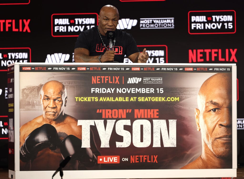 Mike Tyson at the press conference for his fight with Jake Paul