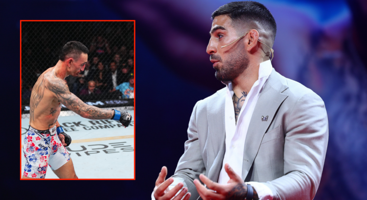 Ilia Topuria speaking at a conference with a pop out image of Max Holloway at UFC 300