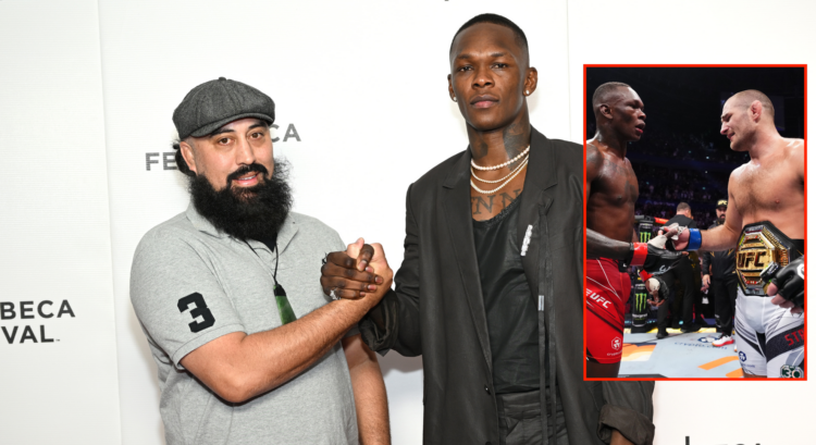 Eugene Bareman and Israel Adesanya embracing at the 'Stylebender' premiere in 2023 with a pop out image of Adesanya and Sean Strickland following U...