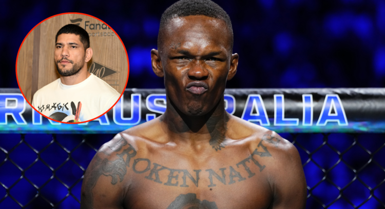 Israel Adesanya moments before his UFC 305 main event with a pop out image of Alex Pereira